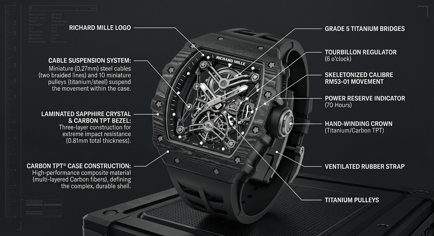 Detailed, labeled diagram pointing out the key construction challenges of an RM 53 case, highlighting the cable suspension points and front crystal bezel