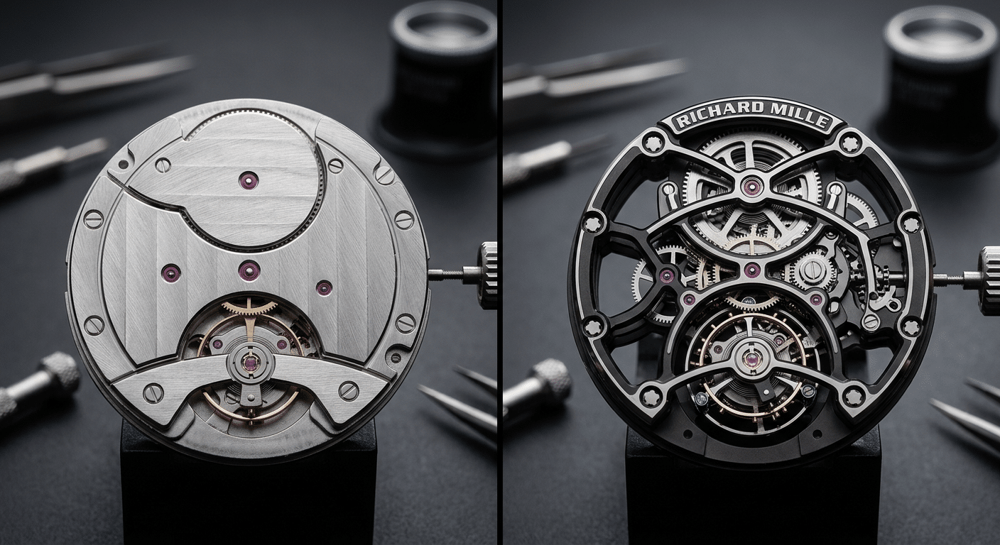 Side-by-side visual comparing the standardized movement plates of a common super clone versus the intricate, multi-bridge architecture of a JB tourbillon movement