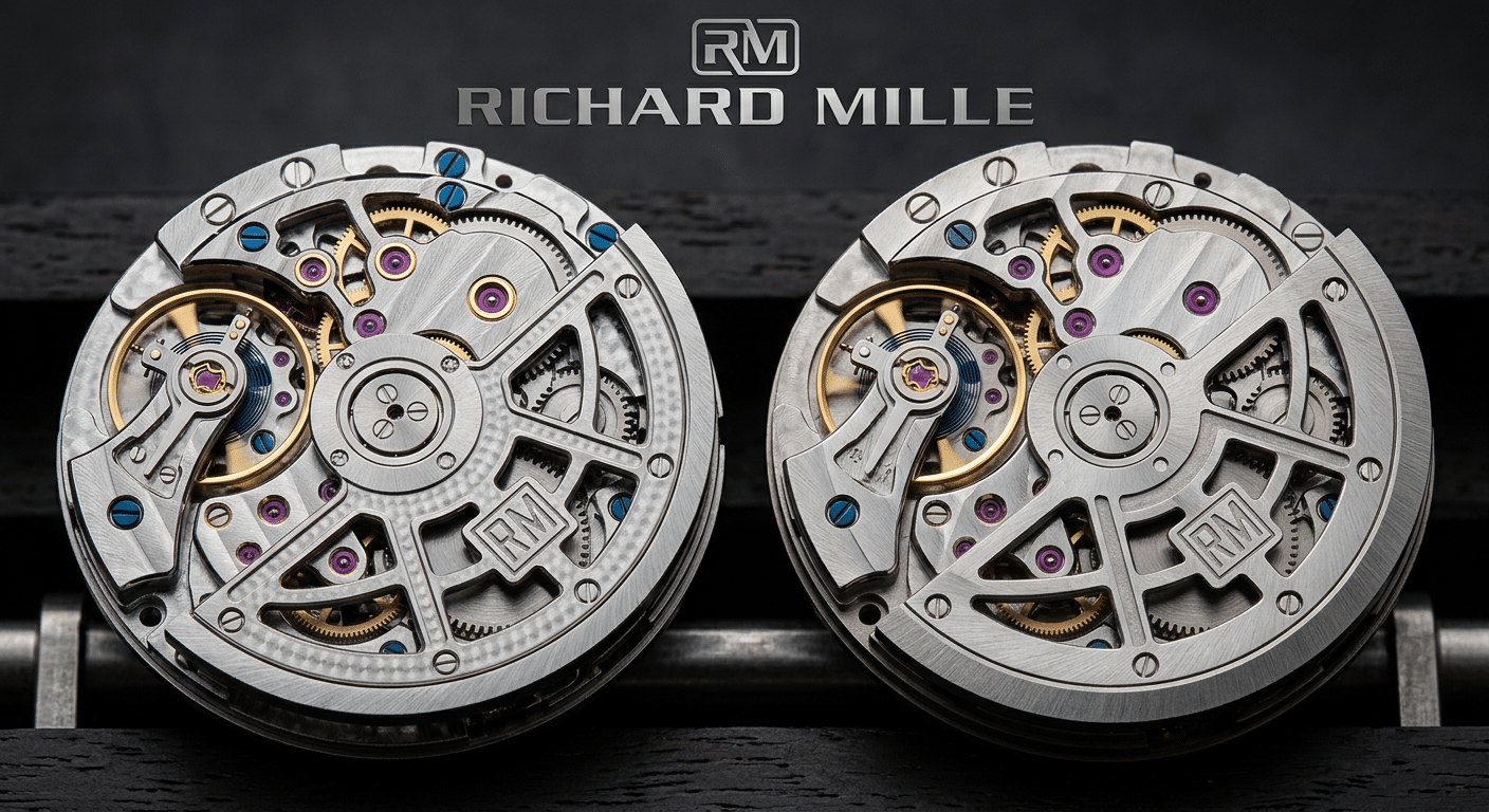 Side-by-side macro shot of a genuine Rolex 3235 movement and a VSF VS3235 clone, highlighting the near-identical finish and construction of key components like the rotor and balance bridge.