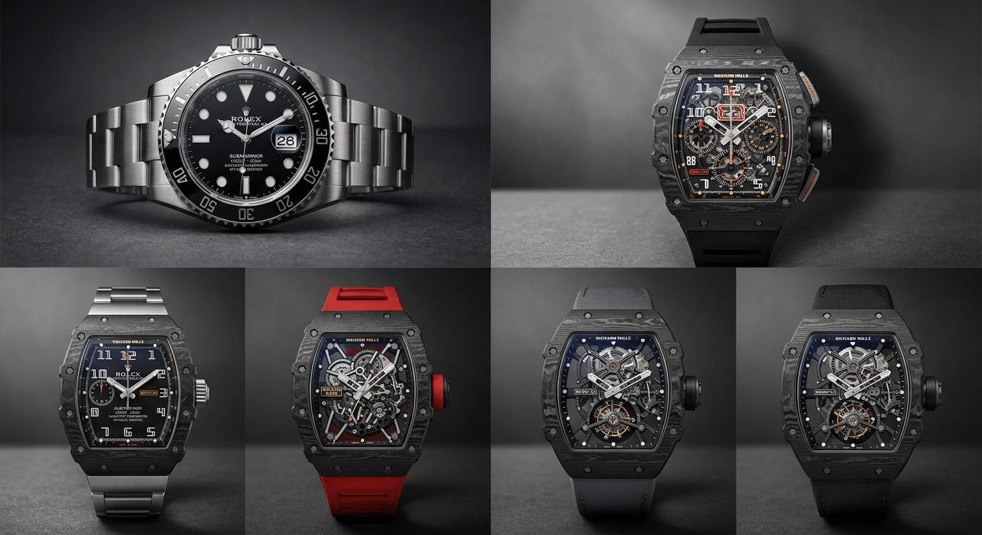 Collage showing the vastly different designs of a Rolex Submariner, an RM 011 chronograph, an RM 035, and an RM 027 tourbillon, visually emphasizing the lack of common parts or design language.