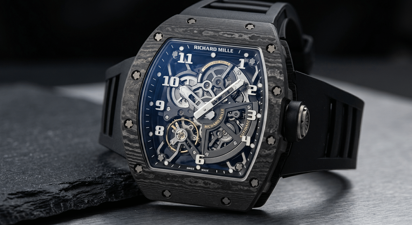 Close-up photo of a clearly recognizable VS3135 movement with its signature decorated rotor, incorrectly installed inside a skeletonized Richard Mille-style case, highlighting the mismatch.
