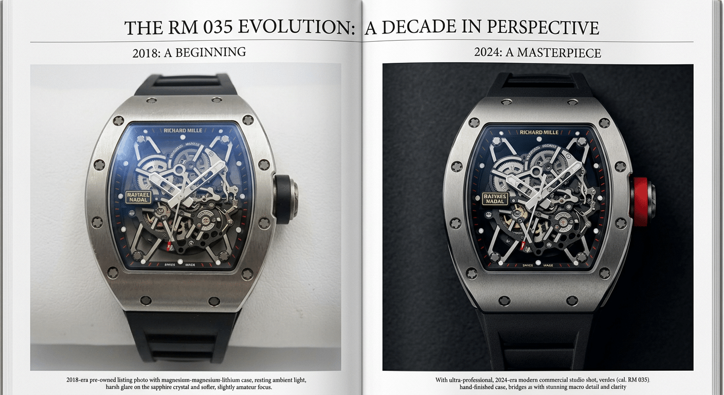Side-by-side comparison of a vintage 2018-era KV RM 035 listing photo and a modern factory's product shot, highlighting differences in presentation and photography quality