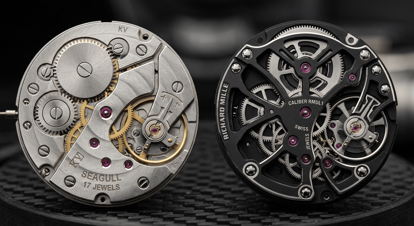 Close-up comparison of movement decorations: a KV modified Seagull next to a modern cloned RMUL movement, highlighting differences in bridge shape, finishing, and rotor design