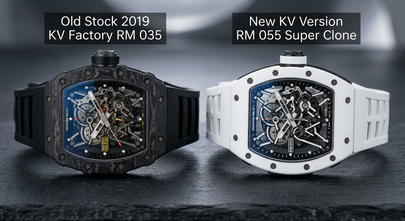 A screenshot comparison of two replica dealer listings: one honestly titled "Old Stock 2019 KV Factory RM 035" and another deceptively titled "New KV Version RM 055 Super Clone," highlighting the confusing terminology.