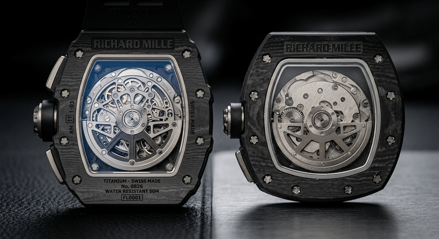 Comparison macro shot: seamless caseback integration on a gen RM vs. a visible gap and misalignment on a lower-tier replica