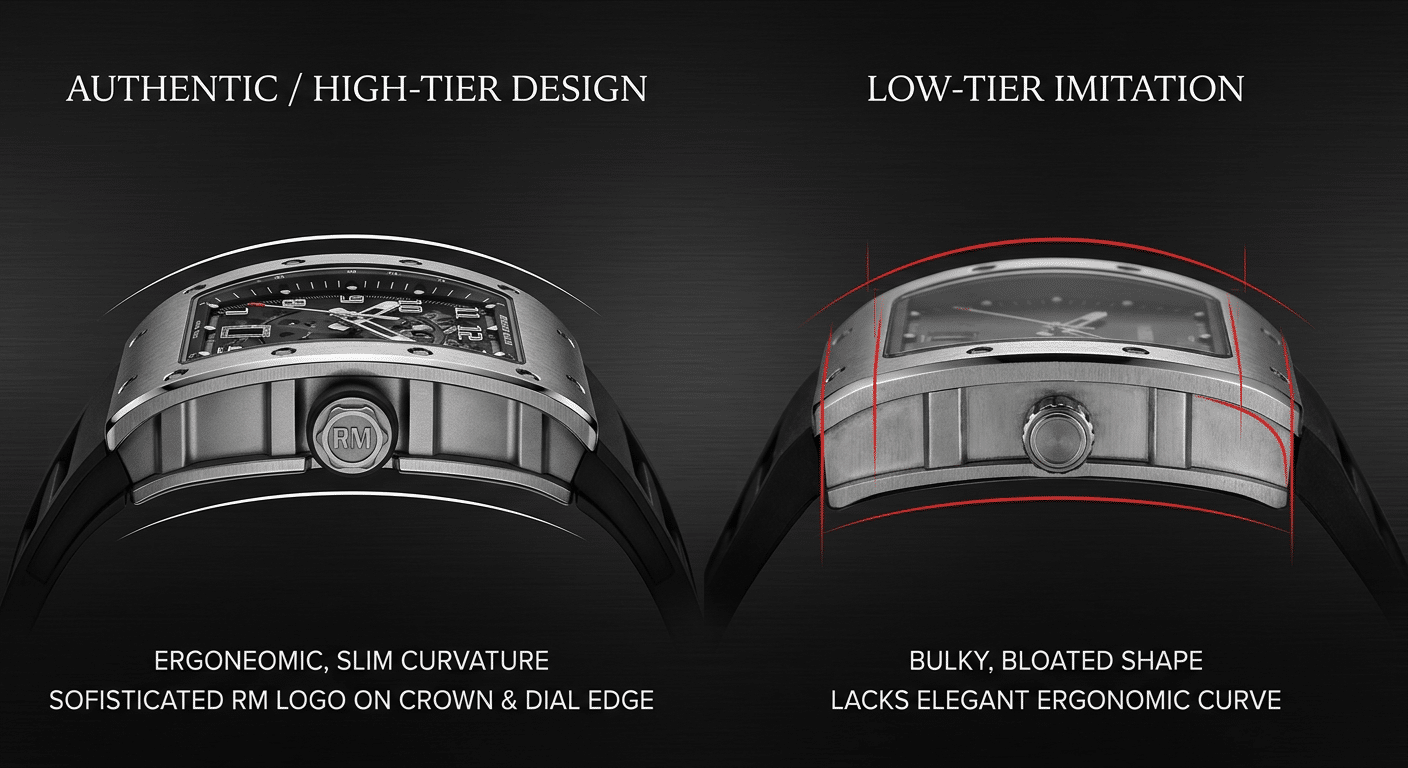 Infographic comparing side profiles: accurate tonneau shape of gen/high-tier rep vs. the incorrect, bloated, or flattened shape of a Tier 3 imitation