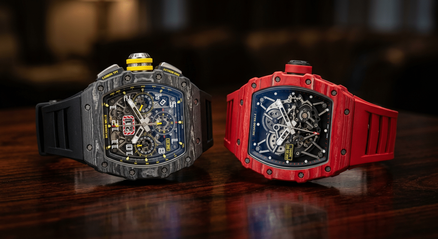 Side-by-side comparison of different Richard Mille replica models on a table, highlighting their distinct shapes and challenges.