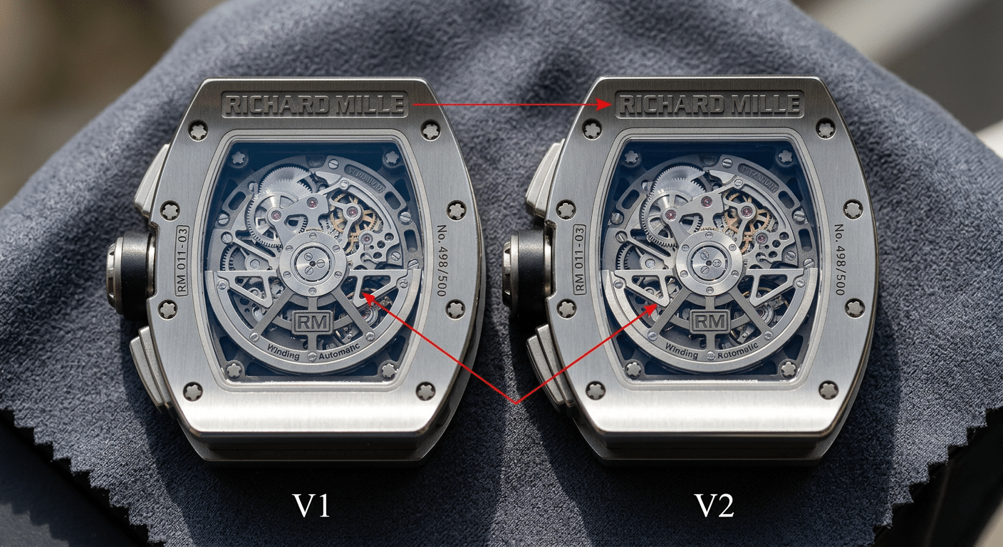Side-by-side comparison of two RM replica casebacks labeled "V1" and "V2," with arrows pointing to minor differences in engraving depth and font spacing, illustrating a typical cosmetic "upgrade."