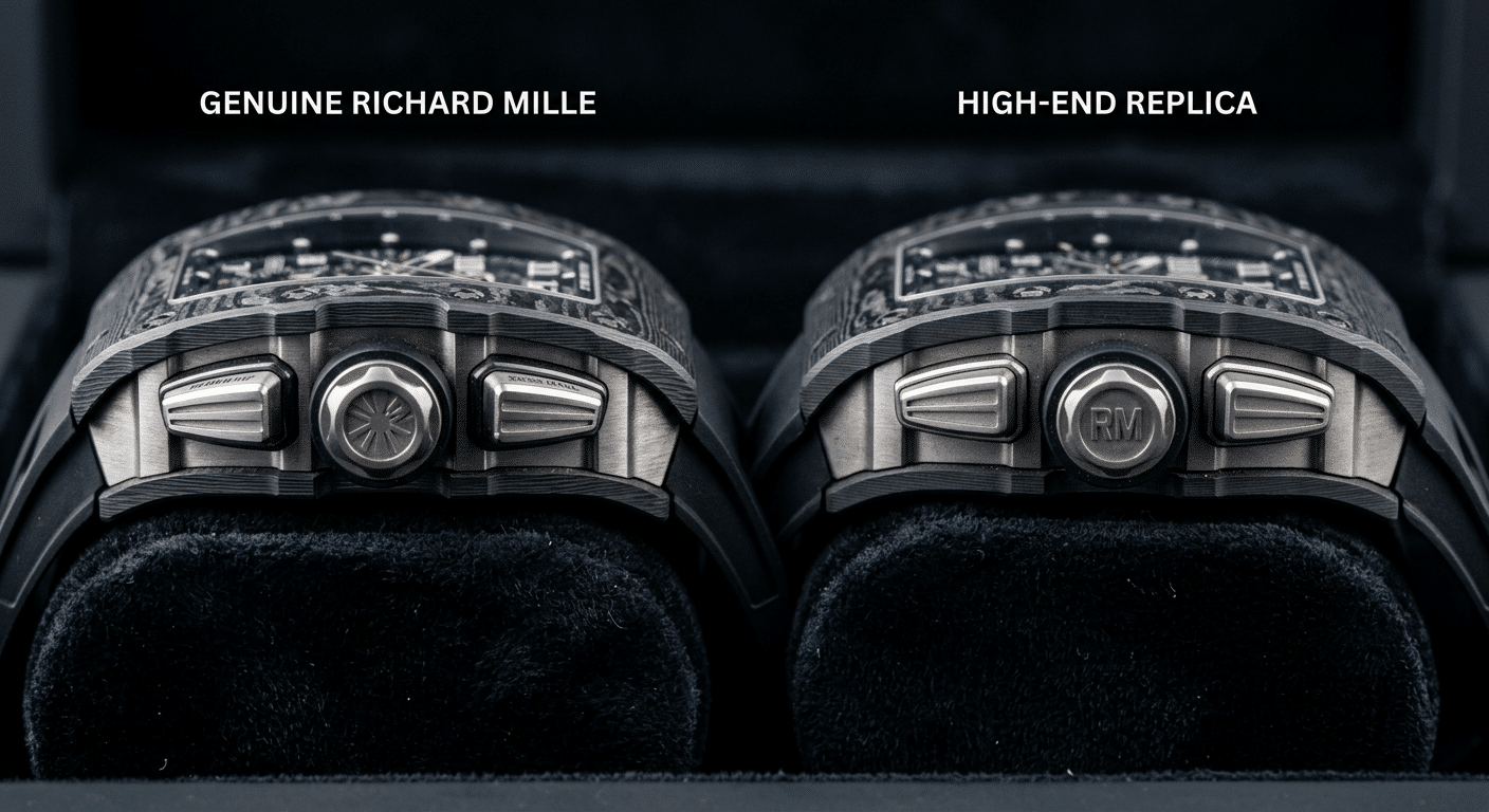 Macro comparison side-by-side: RM replica case profile vs. genuine, highlighting contour differences