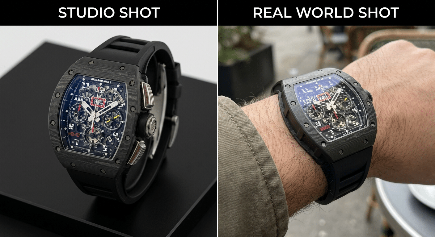 Split image: left shows a dealer's perfect studio shot of an RM replica; right shows a real-wrist shot highlighting its excessive thickness and strap gap