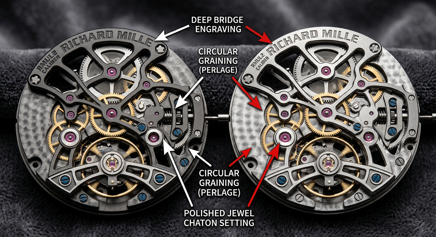 Macro photograph of two different clone RMUL2 movements side-by-side, with arrows pointing to clear differences in bridge engraving depth, perlage pattern, and jewel setting finish