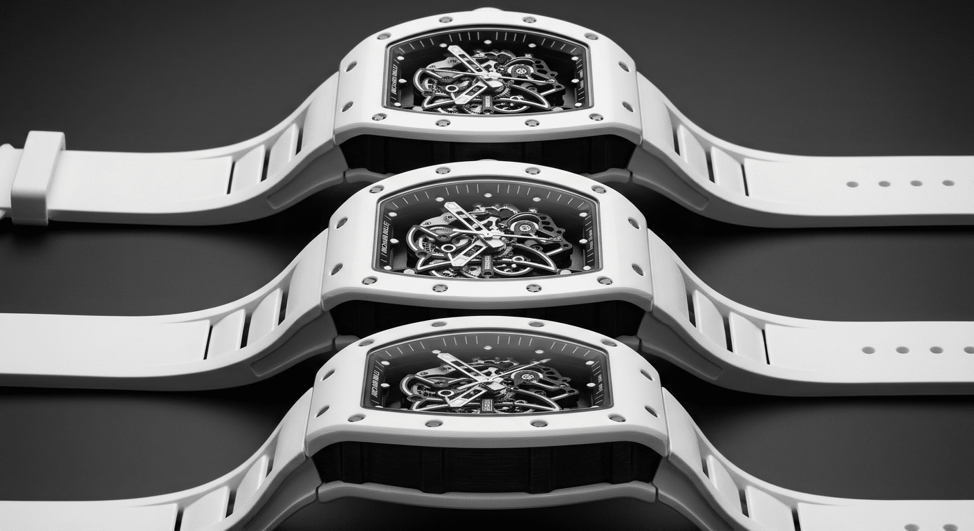 A stark, high-contrast studio comparison shot of three Richard Mille RM055 replicas from different factory tiers. The top watch (e.g., APSF) shows sharp case lines, a balanced skeleton dial, and seamless strap integration. The middle watch (e.g., ZF) is visually similar but with subtle dial finishing flaws. The bottom watch (e.g., KV) exhibits a visibly thicker case, softer curves, and a disjointed strap transition. The image visually argues the article's thesis: RM055 quality is the ultimate factory filter.