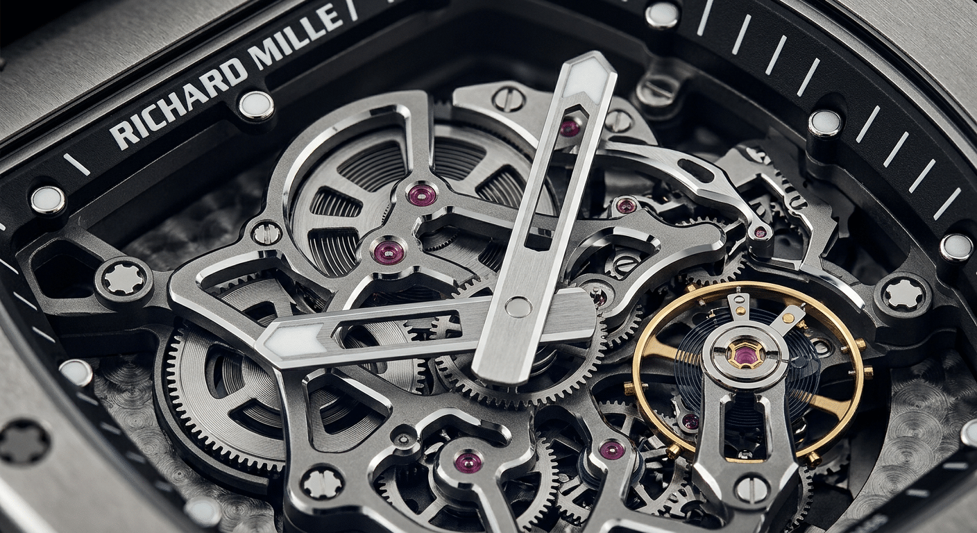 An extreme close-up, macro photography detail of the skeleton dial bridges on a top-tier RM055 replica. The image focuses on the crisp, mirror-polished bevels, the clean cut-outs, and the precise, deep perlage (côtes de Genève) on the movement plates. This is the "Second Look" detail that separates masterful execution from mere copying.