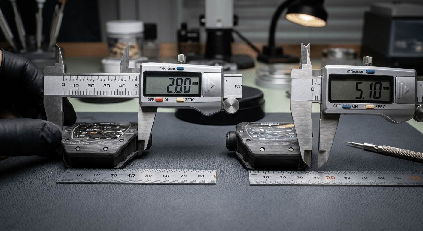 A diagnostic table laid out with a ruler and calipers measuring the "Lug-to-Lug Drop" on two different RM055 cases. One measurement shows a minimal, graceful 2.8mm drop. The other shows a clumsy 5.1mm drop. This simple, physical test powerfully illustrates the case proportion failures that doom a factory's entire lineup.