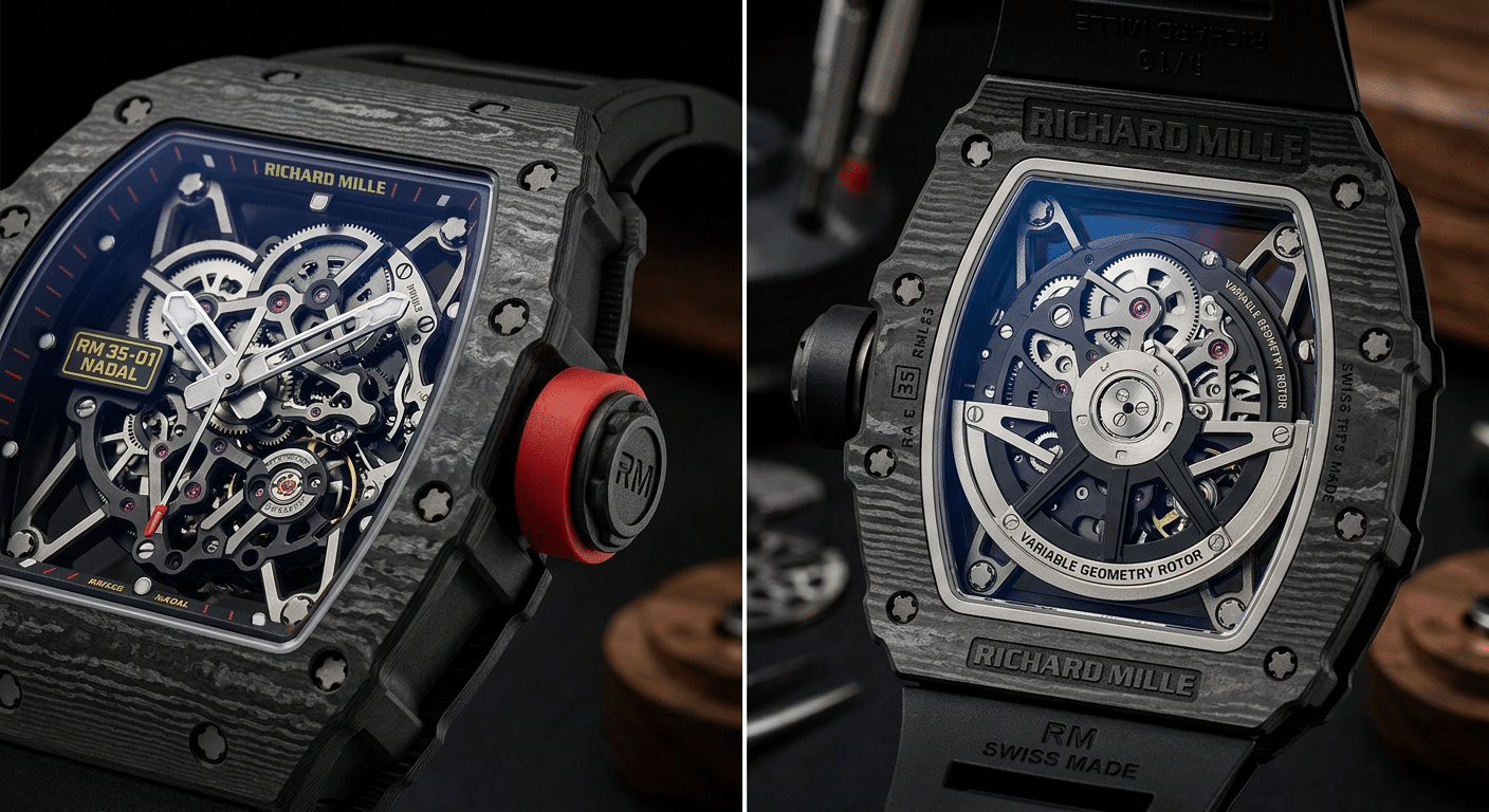 Close-up side-by-side comparison of the winding crown area on an RM35-01 (left) and the rotor visible through the caseback of an RM35-02 (right), highlighting the mechanical difference.