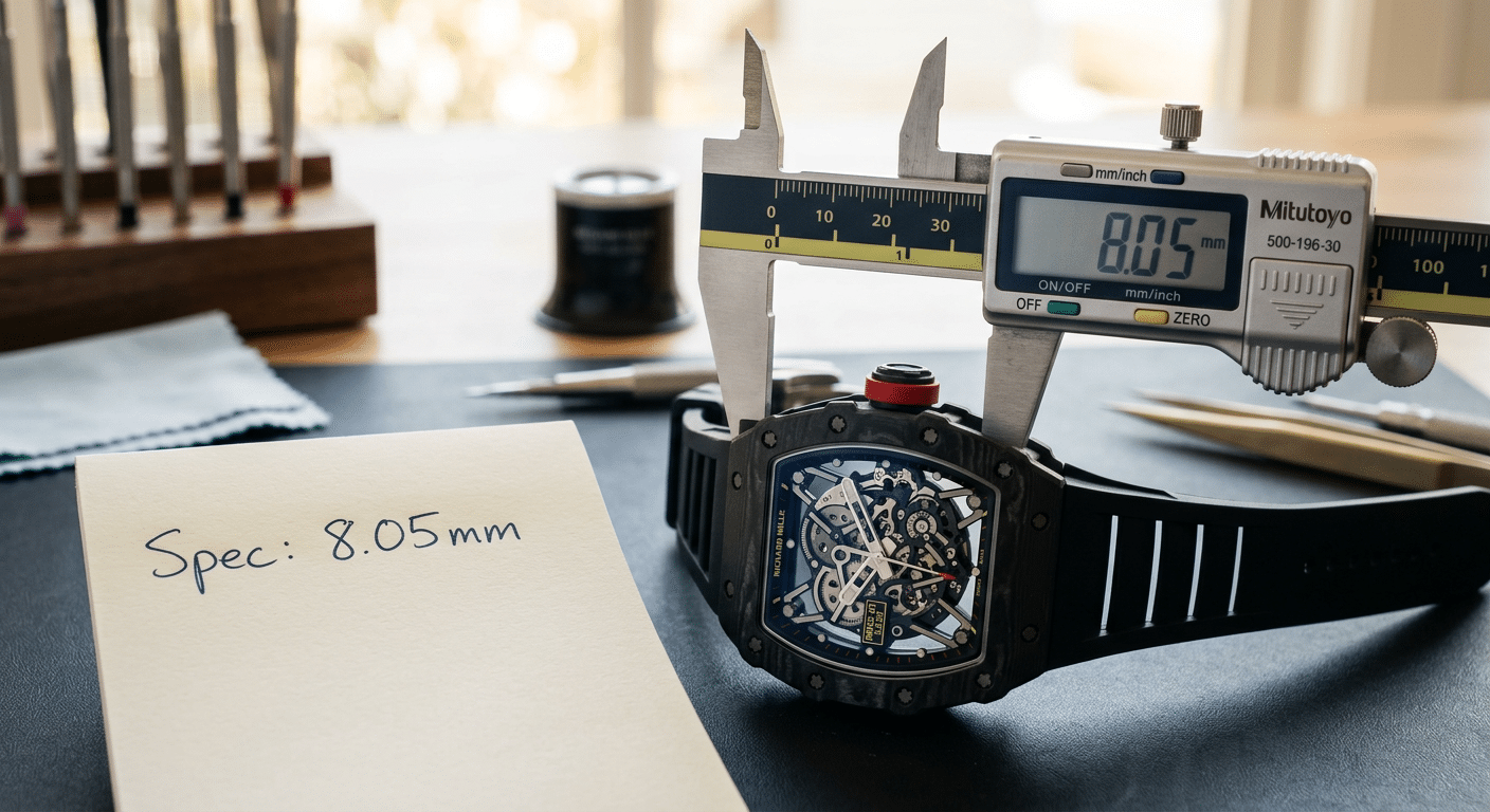 A digital caliper measuring the thickness of an RM35-01 case at the 12 o'clock position, with a notepad showing the official 8.05mm spec for comparison.