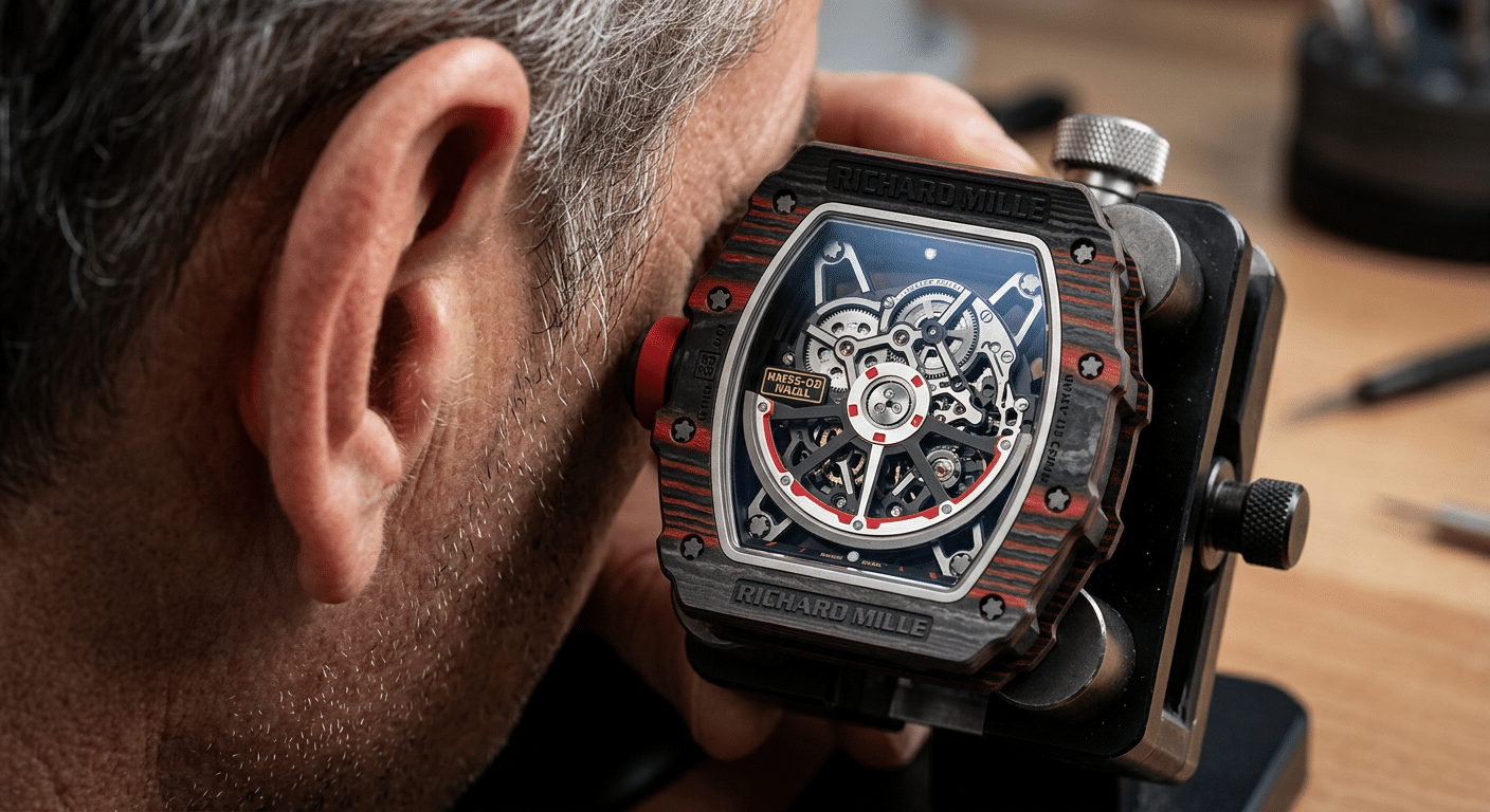 A watchmaker's ear poised near the caseback of an RM35-02, illustrating the diagnostic technique for listening to rotor noise and smoothness.