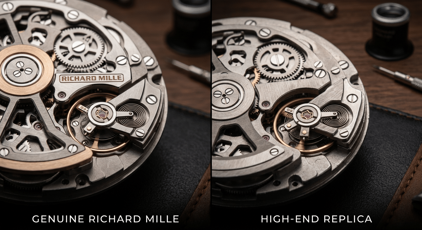 Extreme macro comparison of genuine vs. replica chronograph pusher mechanisms, highlighting spring leg positioning and lever pivot point alignment
