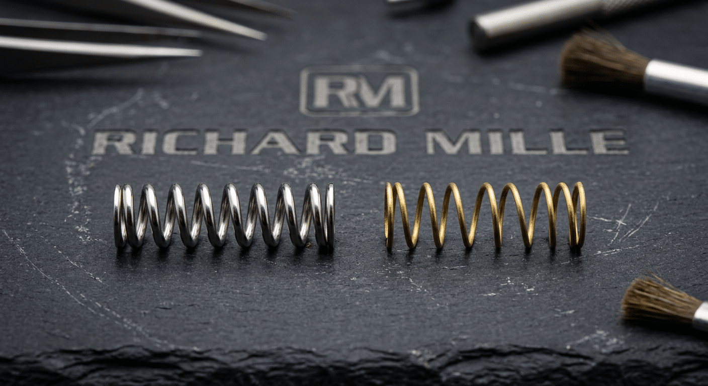 Side-by-side micro-detail of a genuine spring steel pusher spring (left) with a replica phosphor bronze spring (right), showing material thickness and temper differences