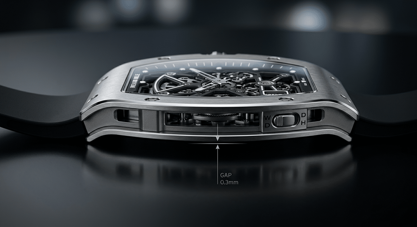 Side profile view of an RM67-01 on a flat surface, highlighting the minimal vertical gap between caseback and table, and the slightly higher crystal. An arrow shows the small measurement gap.