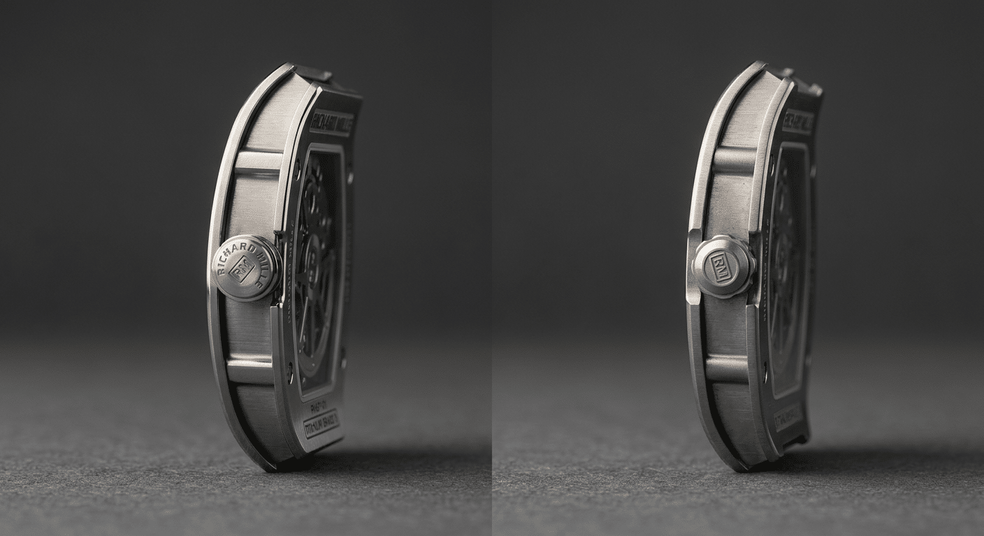 Close-up side view comparison between a genuine RM67-01 case (left) showing a sharp, continuous curve and a replica case (right) showing a flattened section near the caseback transition.