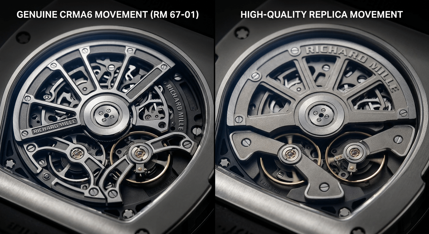 View through the display back of a genuine RM67-01 movement (left) showing the balance wheel with minimal clearance above it, versus a replica (right) showing a large gap or a solid date bridge obstructing the area.
