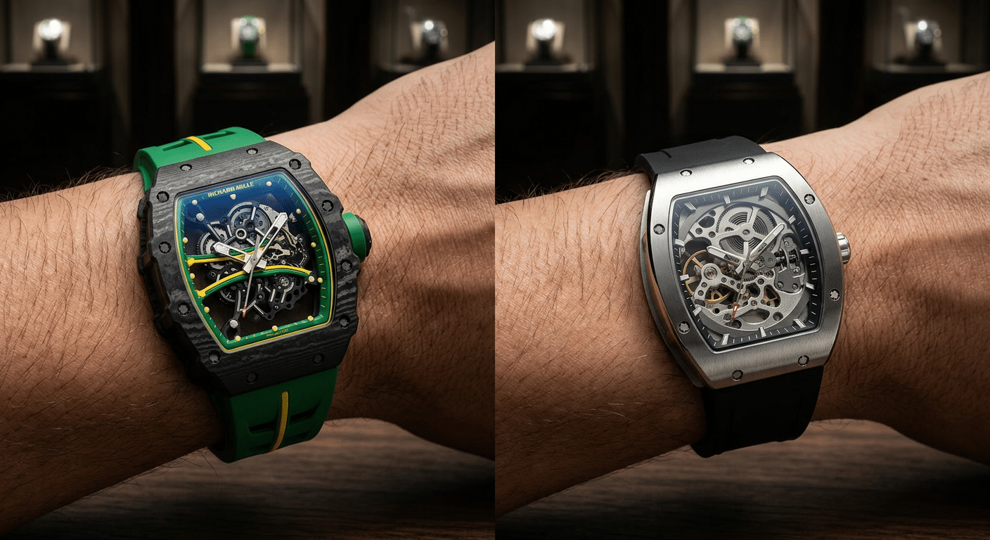 Side-by-side comparison of a genuine RM61-01 on wrist showing its tonneau shape and strap integration, next to a generic skeleton RM for contrast, highlighting the different visual priorities.
