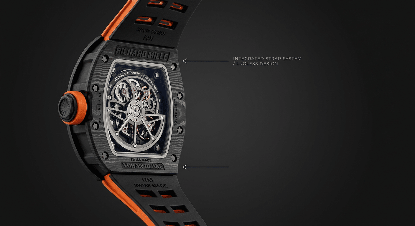 High-resolution studio shot of a genuine RM61-01 case, with arrows pointing to the flowing case-back-to-lug transition and the integrated strap attachment points, showing the lack of a traditional lug.