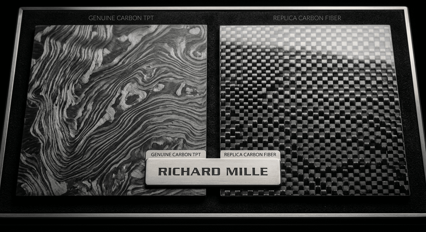 Macro comparison shot of genuine Carbon TPT® material (showing its layered, slightly non-uniform texture) versus a typical replica carbon fiber sheet (showing a uniform, glossy weave pattern).