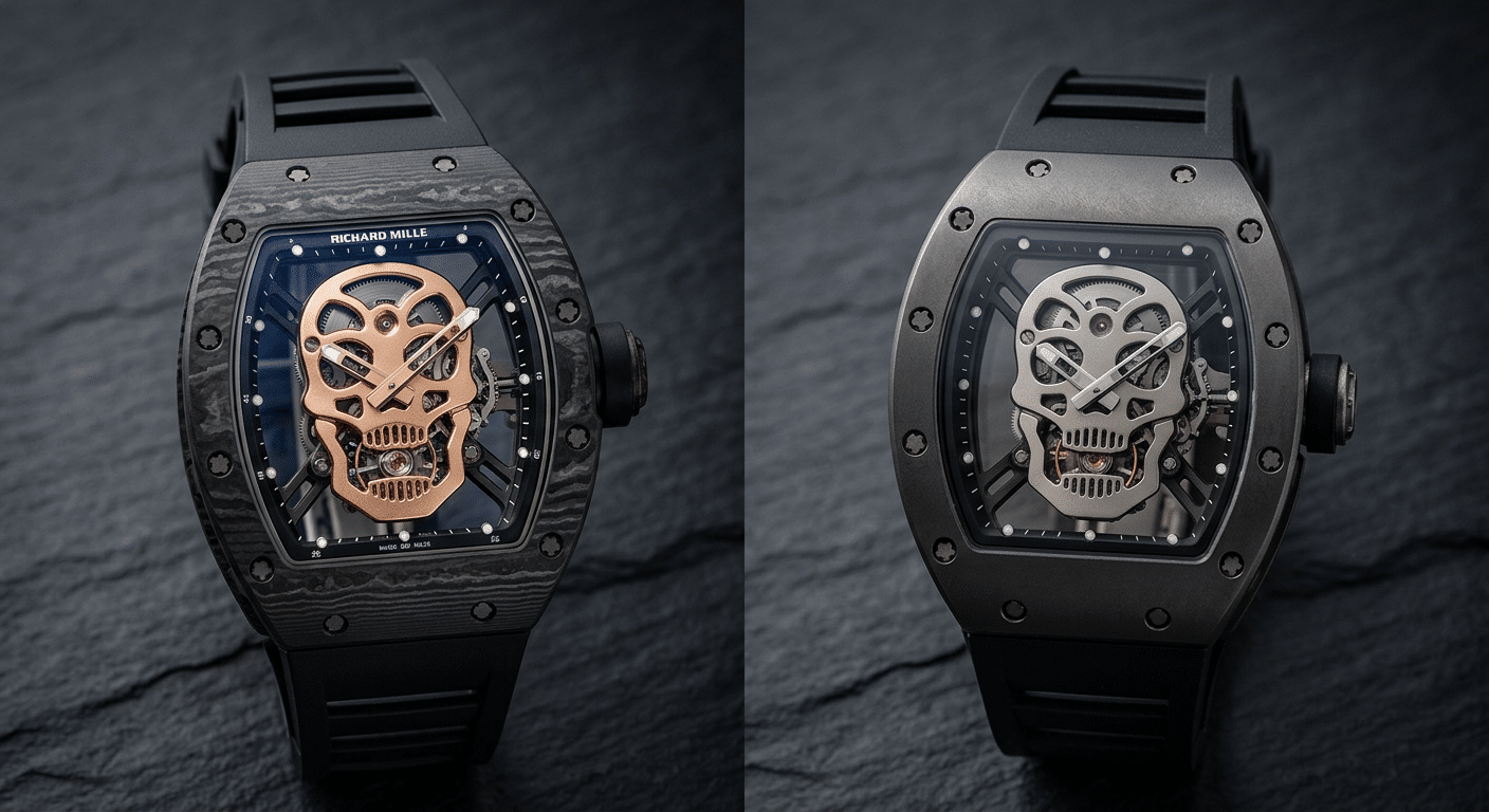Side-by-side comparison of a genuine Richard Mille RM52-01 Skull and a sub-par replica, highlighting the genuine's unified three-dimensional silhouette versus the clone's flat, disconnected appearance.
