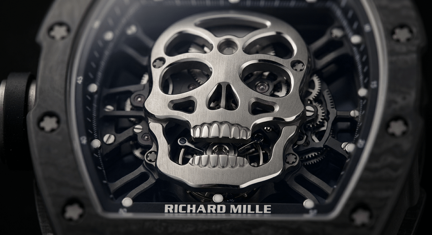 Close-up detail of a genuine RM52-01 skull bridge showing organic cross-sectional curvature and nuanced satin/polish finish dialogue versus a replica bridge's flatter profile and harsh texture transition.