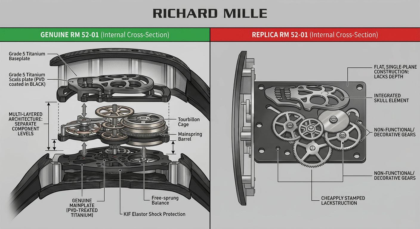 Diagrammatic cross-section of the RM52-01 dial layers showing the bridge (foreground), wheel stack (mid-ground), and mainplate (background) with precise spacing arrows, contrasted with a replica's collapsed, single-plane arrangement.