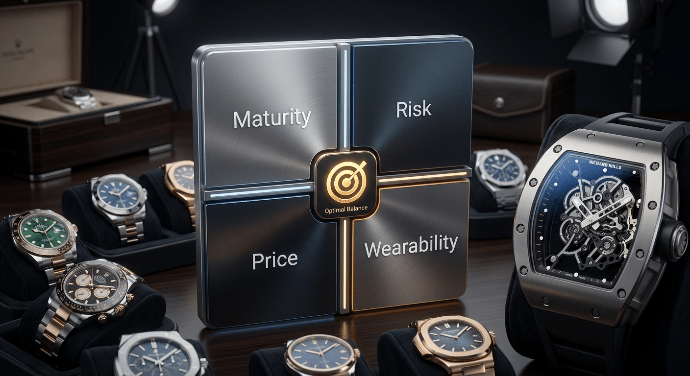 A visual quadrant chart illustrating the four-pillar framework (Maturity, Risk, Price, Wearability) with a central bullseye representing the "optimal balance" for an individual buyer, contrasted with models that excel in one pillar but fail in others.