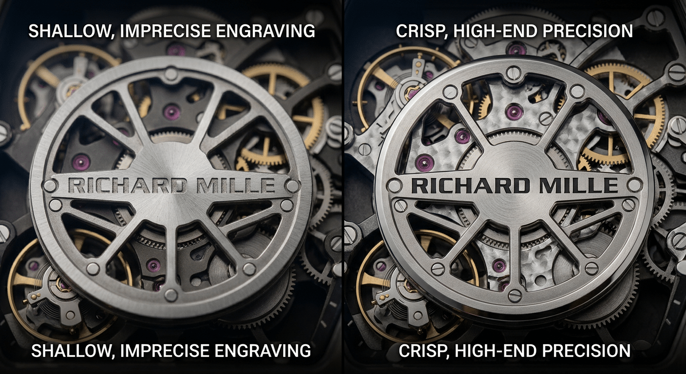 Side-by-side macro comparison of rotor engravings: left shows a blurry, shallowly engraved "Richard Mille" text from a first-run replica; right shows a crisp, deep, and precisely aligned engraving from a mature factory version like ZF V5.