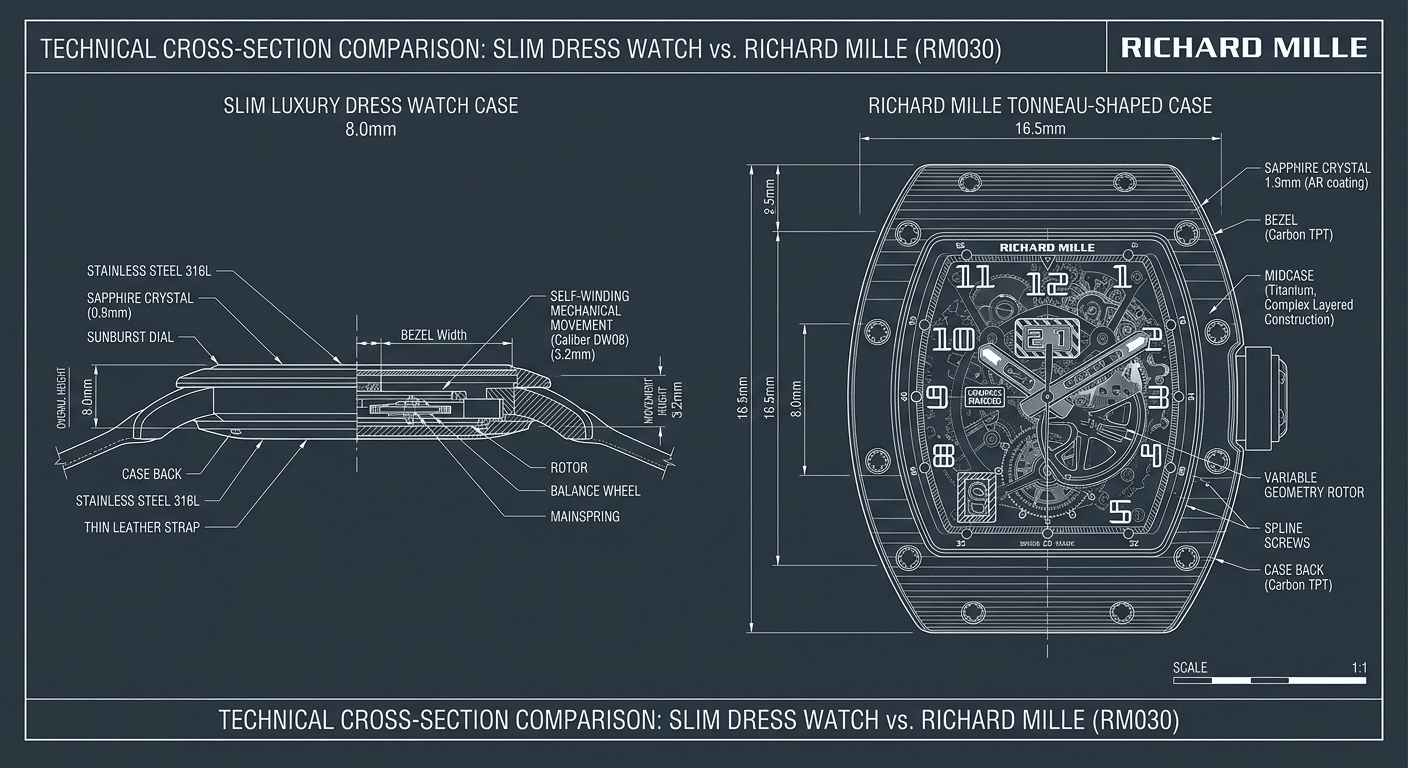 A side-by-side technical drawing comparing the case cross-section of a traditional thin dress watch (8mm) versus a Richard Mille tonneau replica (16mm+), highlighting the massive movement stack and caseback gap.