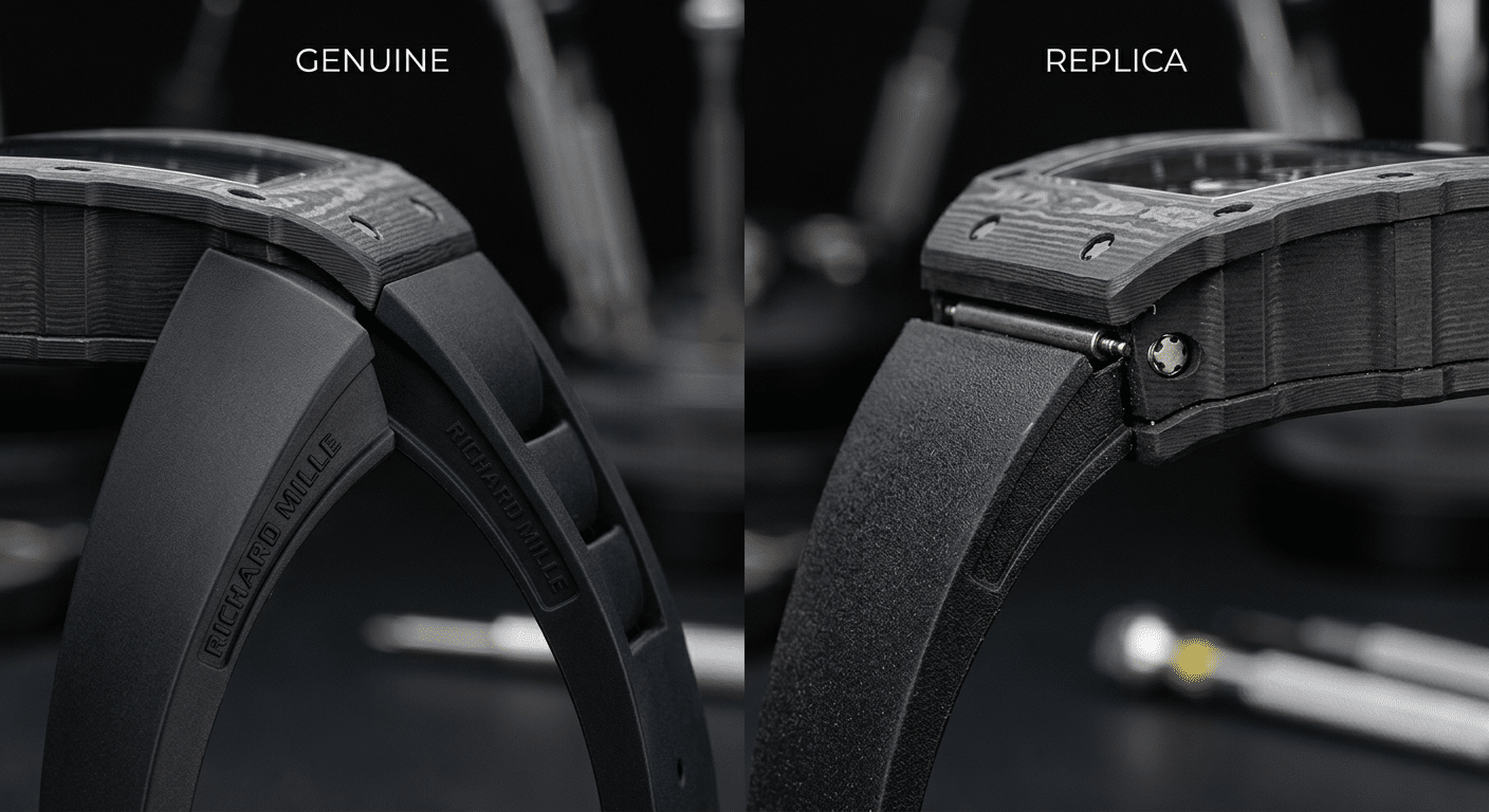A close-up macro shot comparing the lug and spring bar integration on a genuine Richard Mille strap (smooth, flush integration) versus a common replica strap (visible gap, misaligned spring bars, stiffer material texture).