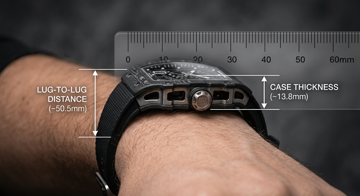 Close-up side view of a Richard Mille tonneau case on a wrist, with arrows indicating lug-to-lug measurement and case thickness, overlaid on a ruler for scale