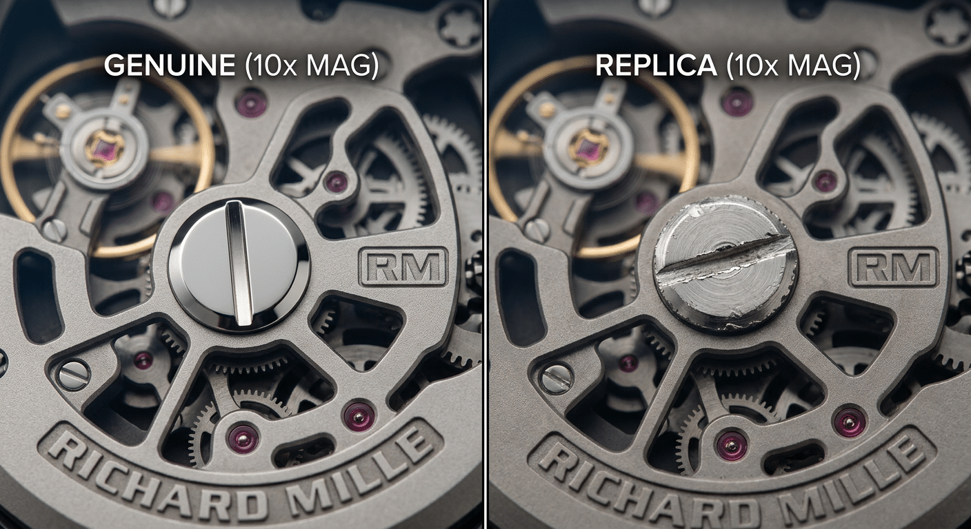 Macro photography comparison between an authentic Richard Mille movement screw head and a replica screw head, highlighting differences in polish, slot precision, and bevel symmetry under 10x magnification.