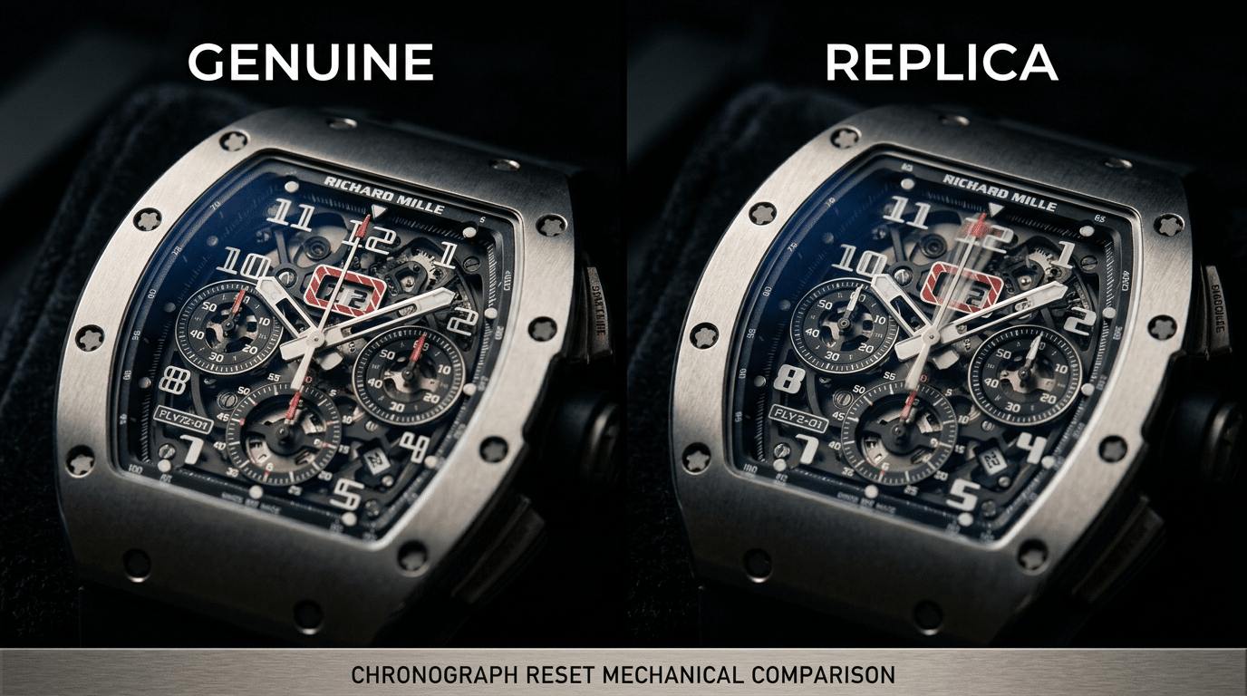 Side-by-side video stills showing the chronograph seconds hand reset action on a genuine RM 72-01 (perfect, instantaneous zero return) versus a top replica (slight oscillation before settling).