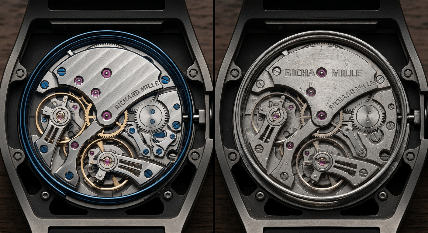 A side-by-side comparison of a genuine Richard Mille minute repeater gong and hammer mechanism (left) showing hand-finished bevels and precise alignment, versus a replica's (right) showing rough machining marks, inconsistent gaps, and unpolished surfaces.