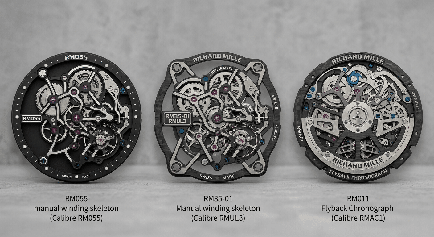 side-by-side comparison showing component-level differences in RM055, RM35, and RM011 replica batches under neutral lighting