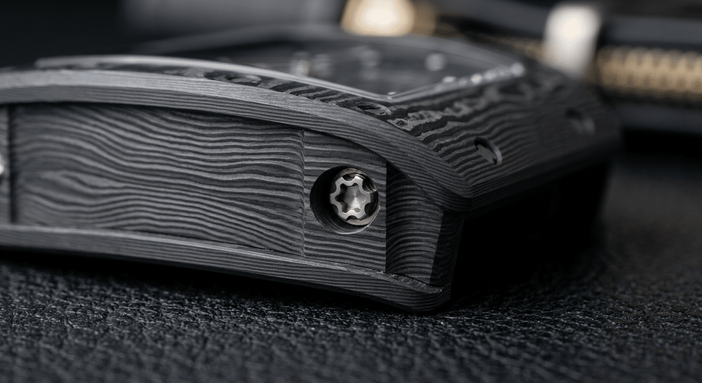 close-up QC photo examples showing replica carbon case chamfer, screw hole, and texture continuity versus natural layered appearance on Richard Mille super clone