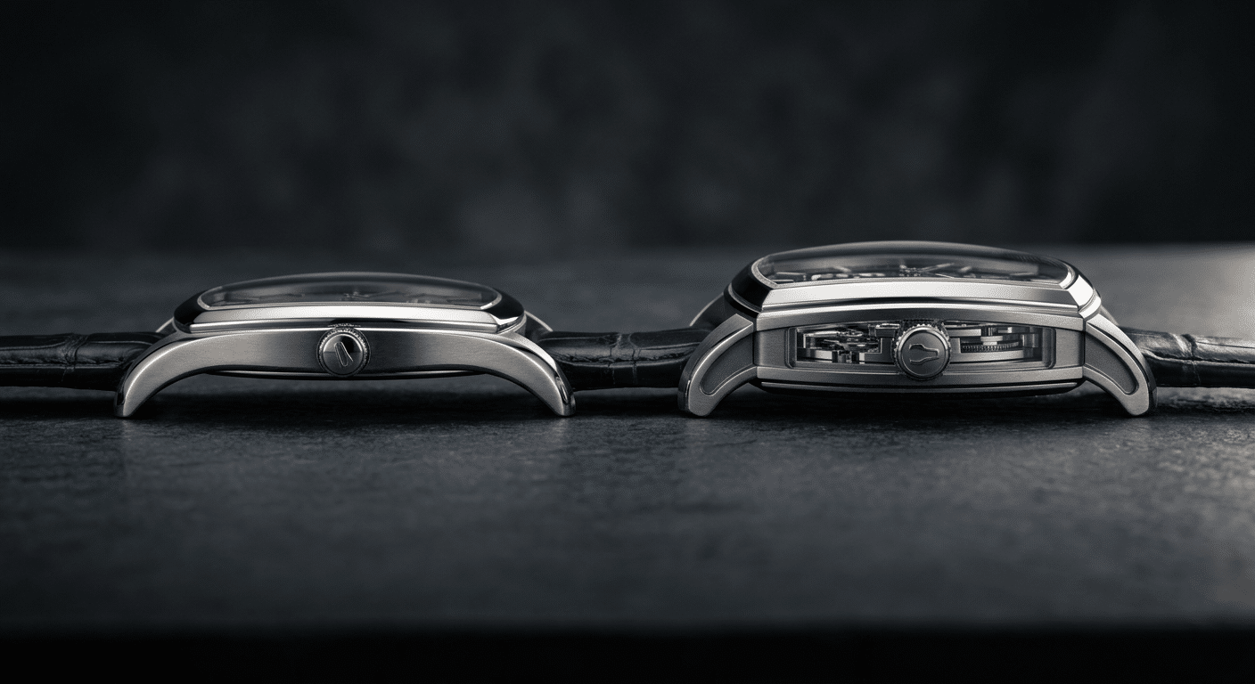side profile comparison showing case thickness control, lug curvature flow, and movement stack height impact on tonneau super clone architecture