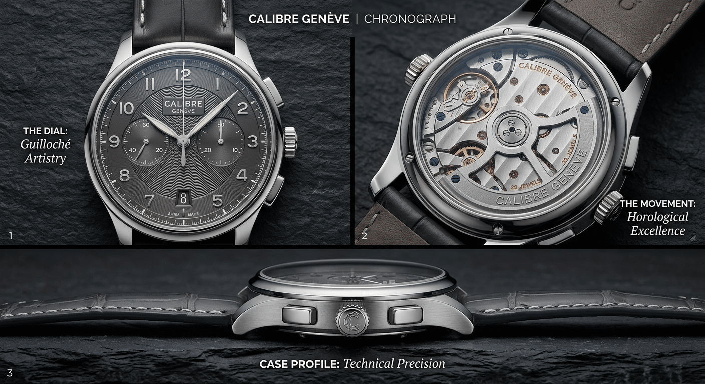 QC photo layout showing neutral-lit top-down dial view, 45-degree bridge angle, and side profile for movement credibility verification