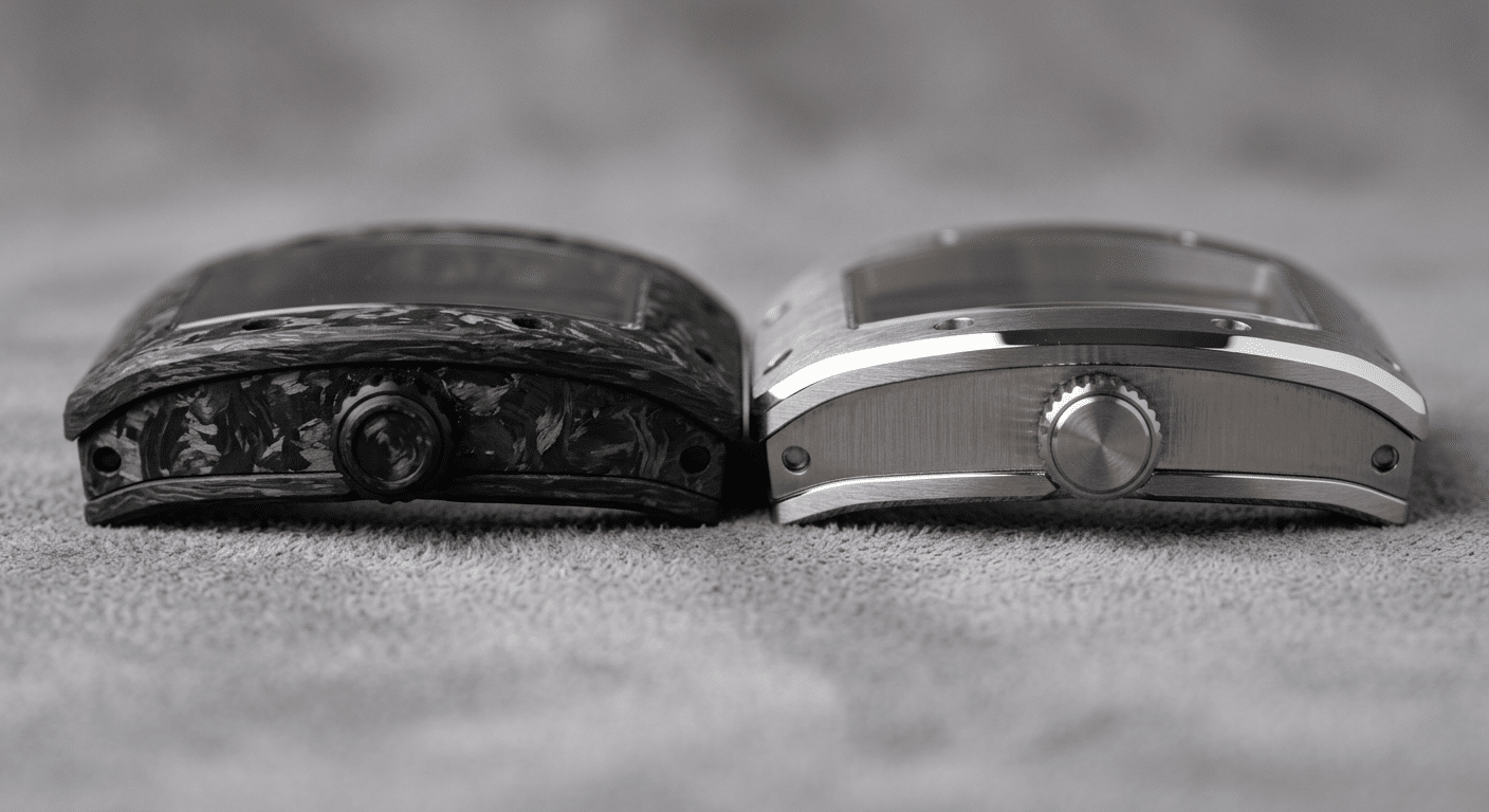 close-up comparison of forged carbon weave patterns and titanium brushing variations across two consecutive Richard Mille replica batches under diffused lighting