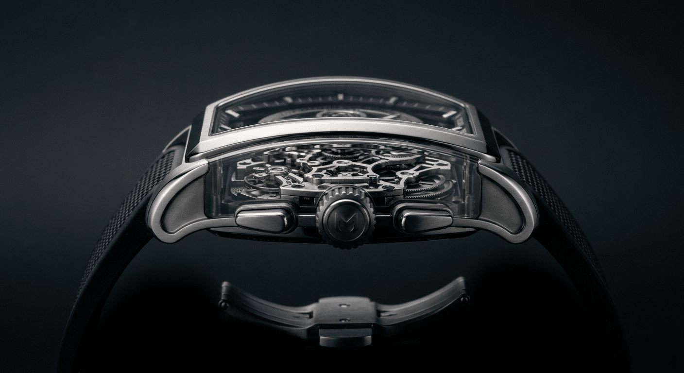 side profile view showing tonneau case thickness, lug curvature, and standard automatic movement layout inside a China-made Richard Mille super clone