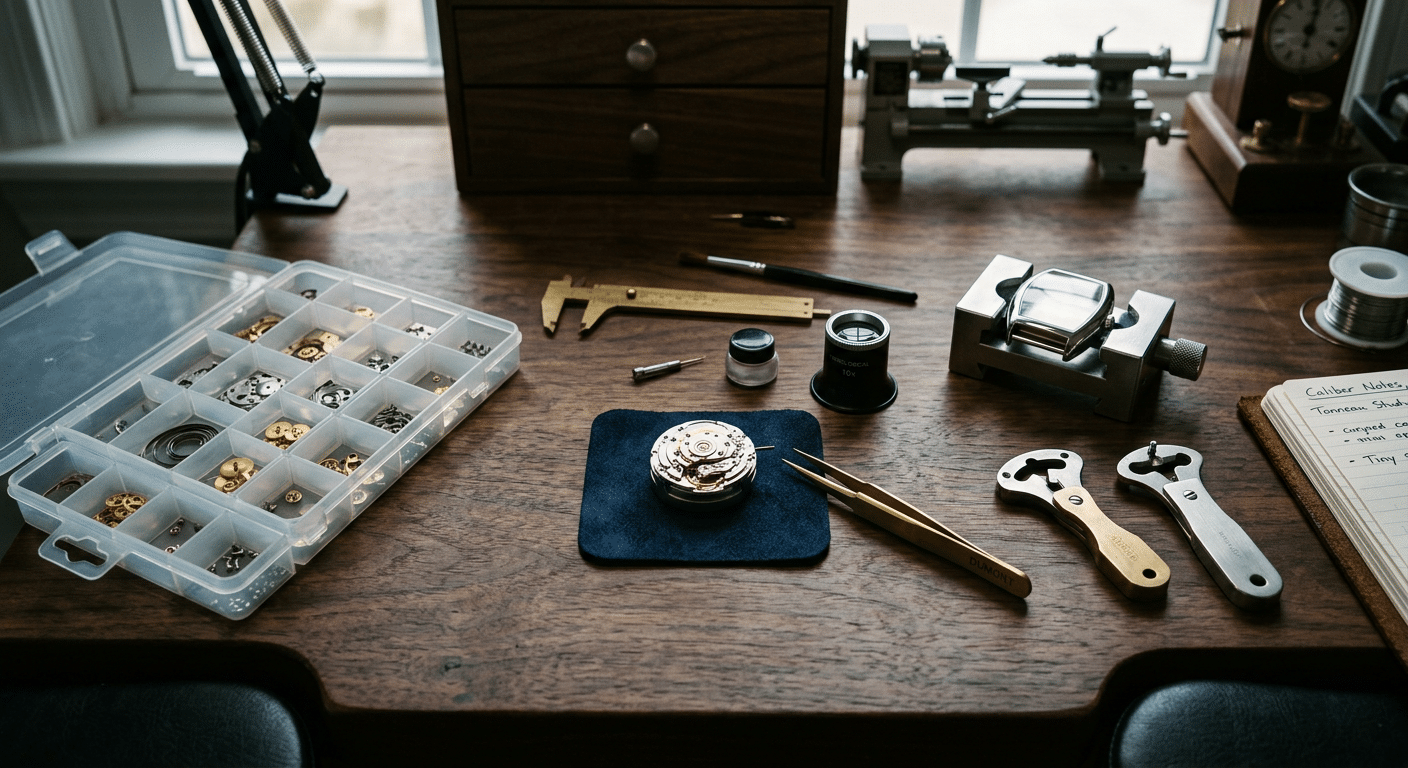 workbench layout showing standard round-case movement tools next to specialized tonneau case-opening equipment and replica movement part trays