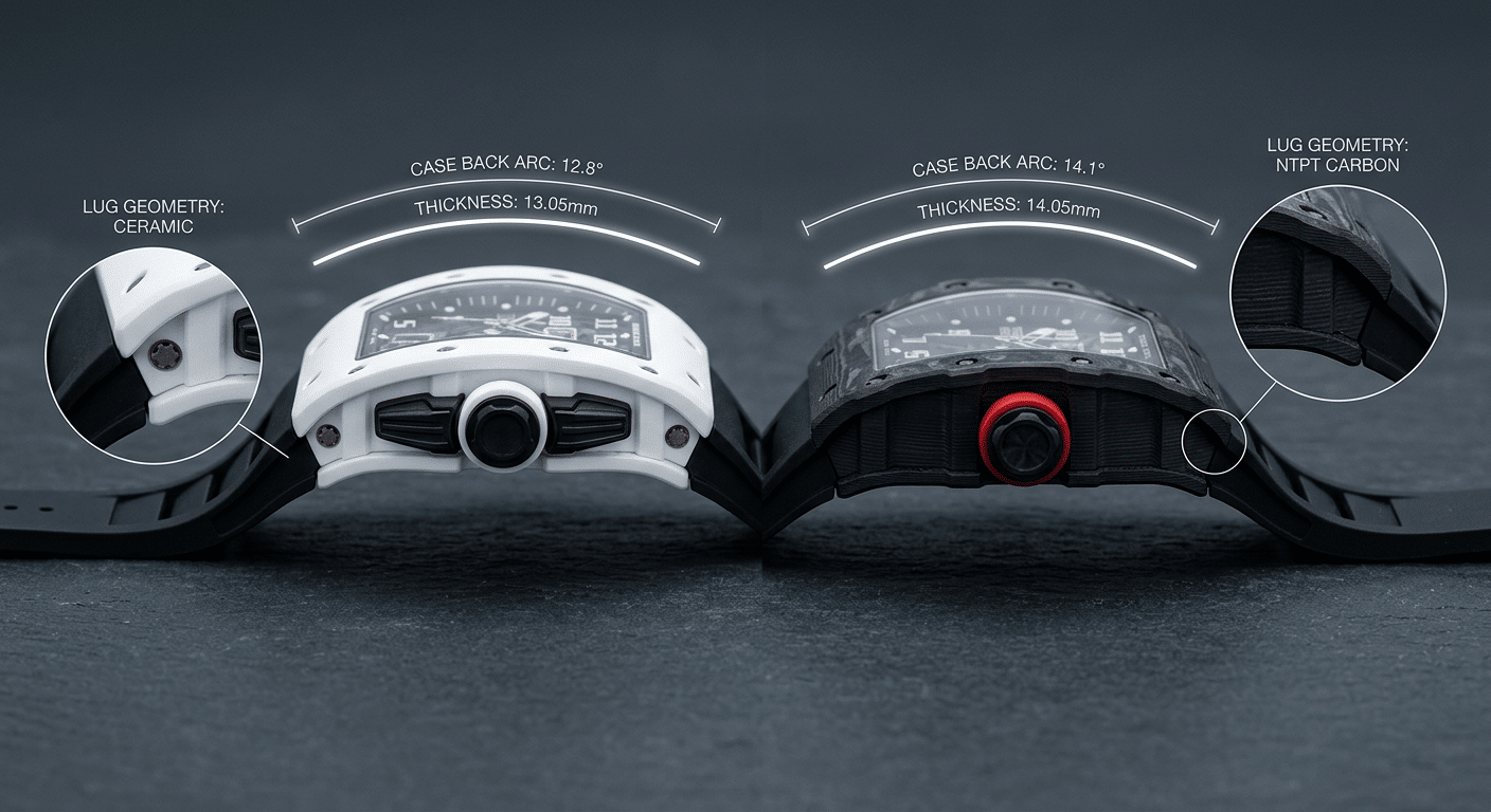 side-by-side comparison of RM055 and RM35 case profiles showing curvature differences, lug geometry variations, and thickness measurements