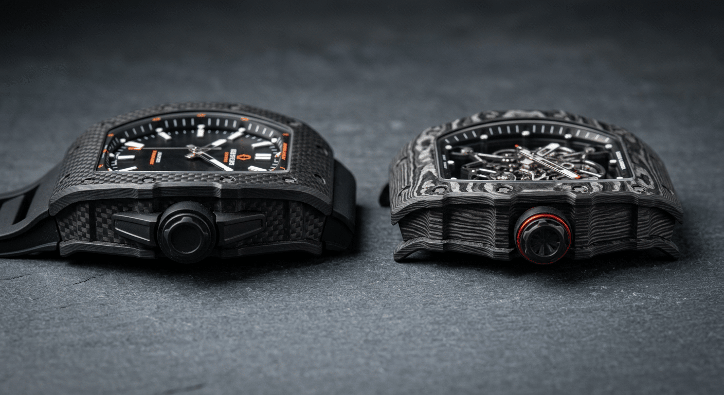 side-by-side comparison of entry-level versus high-tier Richard Mille replica case profiles showing thickness, lug curvature, and carbon layering texture differences