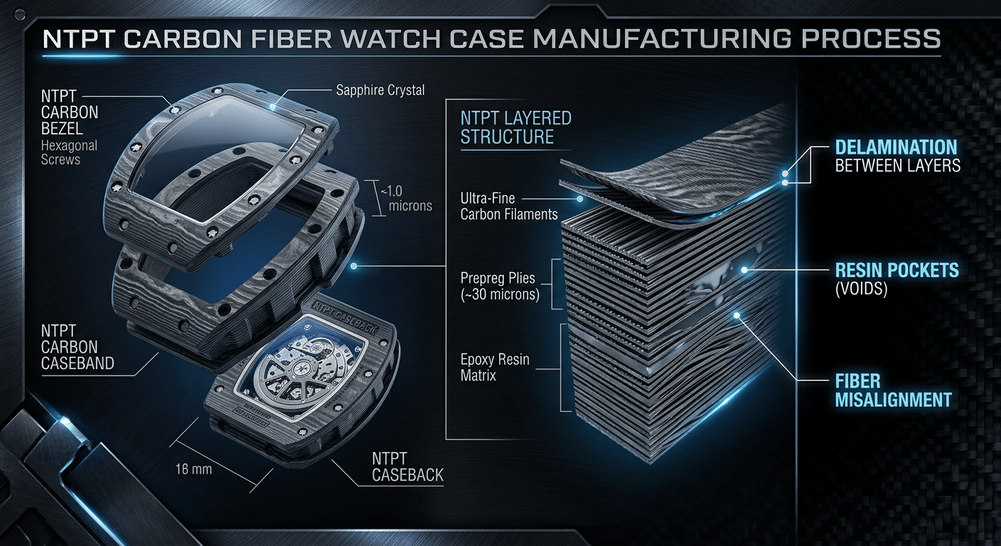 manufacturing diagram showing carbon layering process and potential defect points in high-end Richard Mille replica case production